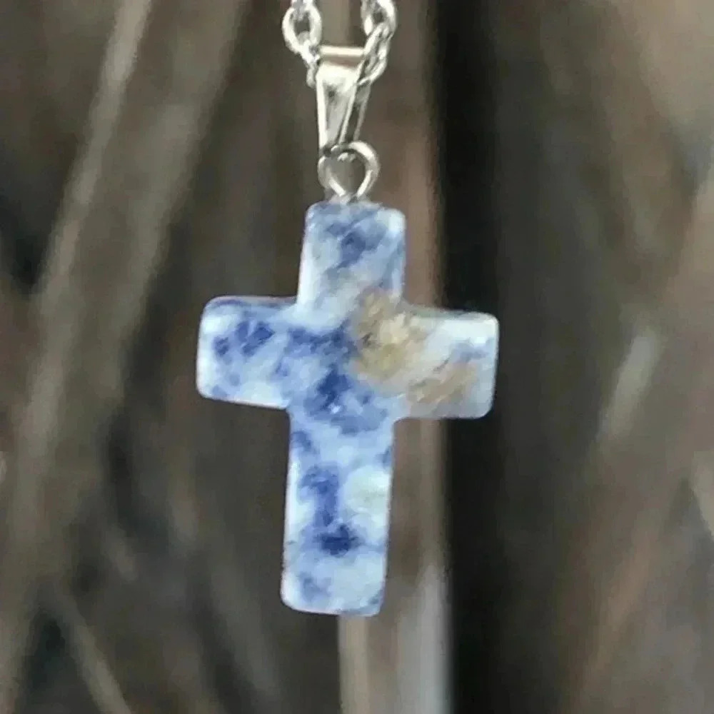 Sodalite Cross Natural Stainless Steel Necklace NWT